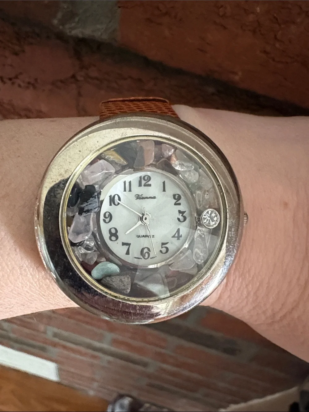 Silver Round Quartz Watch with Natural Gemstones Genuine Leather Strap